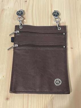 Hip Klips Brown Faux Leather Double Zipper Pocket Hands Free Clip-On Bag